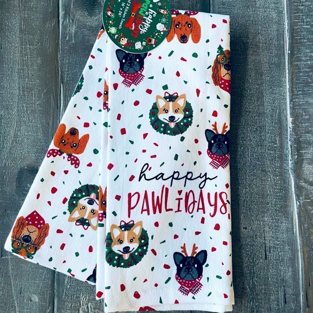 Christmas Dog Happy Pawlidays Holiday Kitchen Dish Towels Set